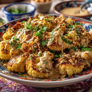 Roasted Moroccan cauliflower drizzled with tahini-honey sauce, garnished with fresh herbs and spices.