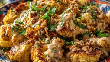 Roasted Moroccan cauliflower drizzled with tahini-honey sauce, garnished with fresh herbs and spices.