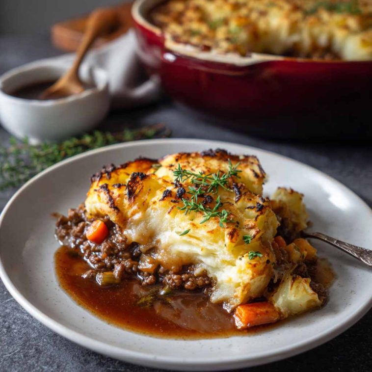Cozy winter shepherd’s pie topped with golden mashed potatoes, baked in a casserole dish with savory beef and vegetables.