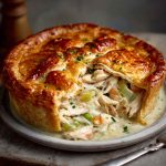 Mary Berry’s chicken and leek pie baked golden with flaky pastry, creamy filling of chicken, leeks, and herbs served in a rustic dish.