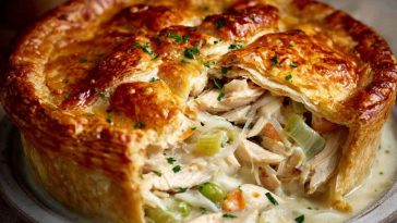 Mary Berry’s chicken and leek pie baked golden with flaky pastry, creamy filling of chicken, leeks, and herbs served in a rustic dish.