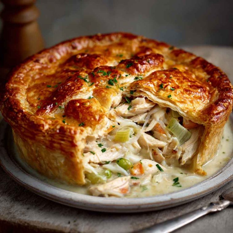 Mary Berry’s chicken and leek pie baked golden with flaky pastry, creamy filling of chicken, leeks, and herbs served in a rustic dish.