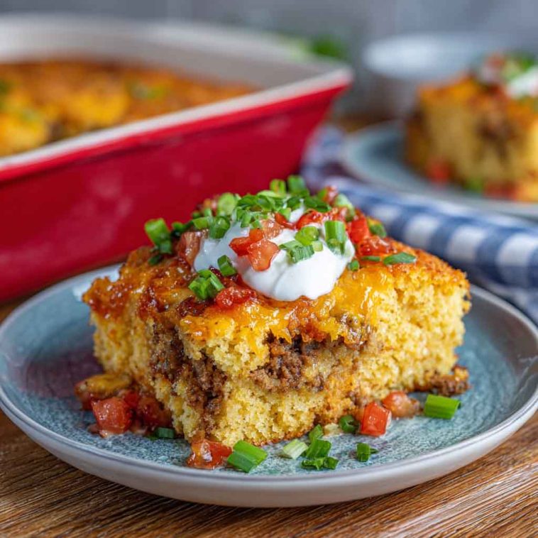 Loaded cornbread casserole baked golden in a dish, topped with melted cheese, corn, and savory mix-ins.
