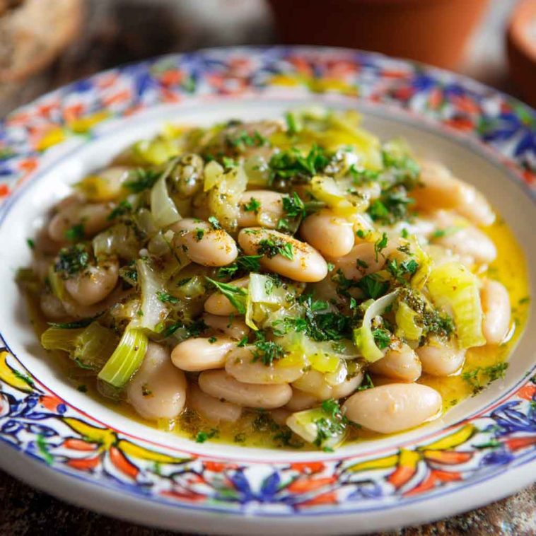 Creamy butter beans with sautéed leeks and herbs served in a rustic bowl with crusty bread.