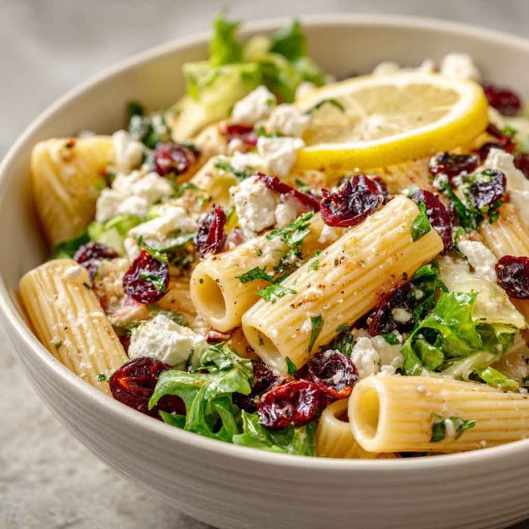 A vibrant bowl of rigatoni pasta tossed with feta cheese, dried cranberries, fresh herbs, and lemon vinaigrette.