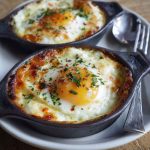 A ramekin filled with baked cottage cheese eggs, topped with herbs and cracked black pepper, served with toast and avocado slices.
