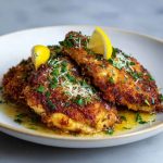 Golden crispy chicken cutlets topped with grated Pecorino and lemon zest on a serving plate.