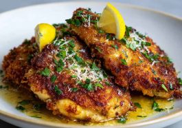 Golden crispy chicken cutlets topped with grated Pecorino and lemon zest on a serving plate.