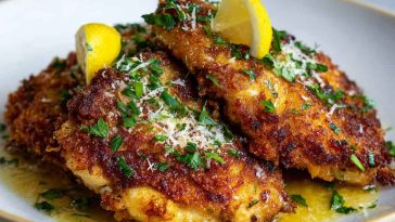 Golden crispy chicken cutlets topped with grated Pecorino and lemon zest on a serving plate.