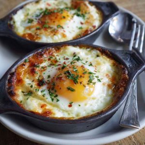 A ramekin filled with baked cottage cheese eggs, topped with herbs and cracked black pepper, served with toast and avocado slices.