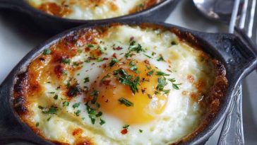 A ramekin filled with baked cottage cheese eggs, topped with herbs and cracked black pepper, served with toast and avocado slices.