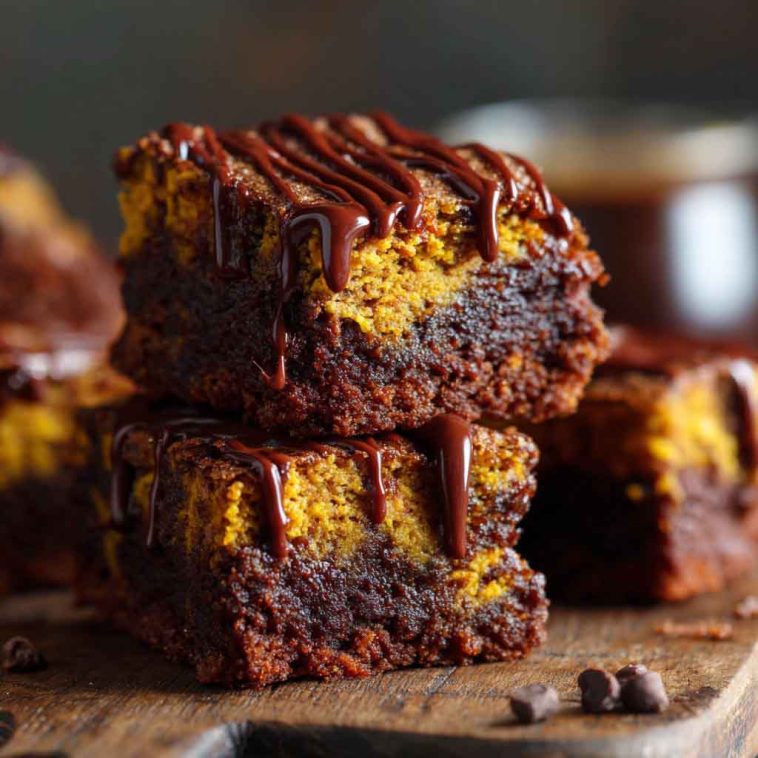 Stack of vegan pumpkin brownies made with four ingredients, low‑calorie, moist, and chocolatey.