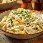 Creamy garlic Alfredo pasta with tender cabbage, topped with parmesan cheese and served in a rustic bowl.