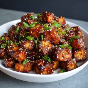 Crispy honey garlic tofu bites glazed with sticky sauce, garnished with sesame seeds and green onions.
