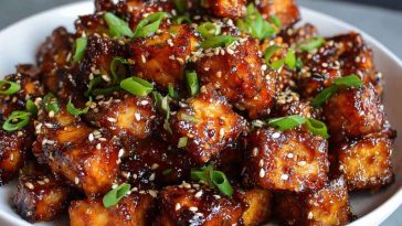 Crispy honey garlic tofu bites glazed with sticky sauce, garnished with sesame seeds and green onions.
