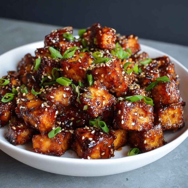 Crispy honey garlic tofu bites glazed with sticky sauce, garnished with sesame seeds and green onions.