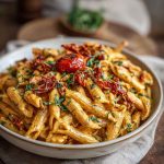 Creamy sun-dried tomato vegan pasta served in a bowl, garnished with fresh basil and a silky tomato sauce.