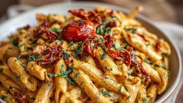 Creamy sun-dried tomato vegan pasta served in a bowl, garnished with fresh basil and a silky tomato sauce.
