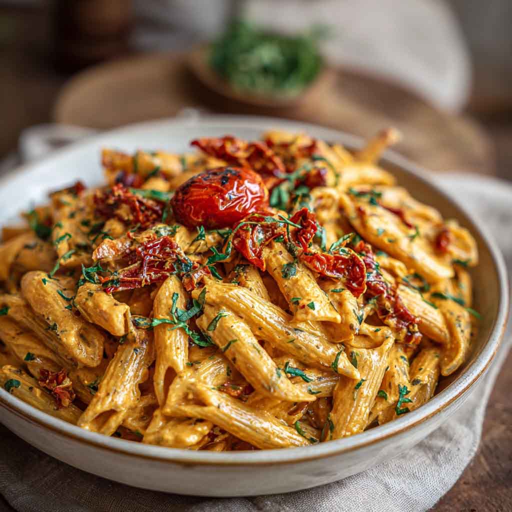 Creamy sun-dried tomato vegan pasta served in a bowl, garnished with fresh basil and a silky tomato sauce.