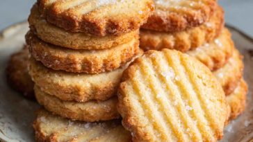 Golden French salted butter cookies stacked on a plate with a light dusting of sugar.