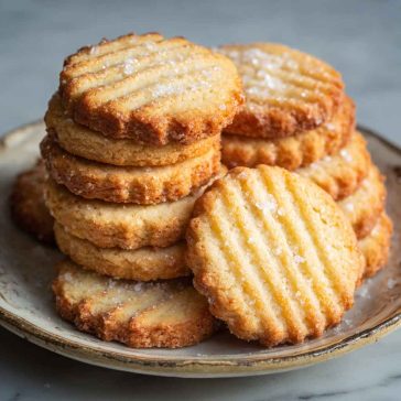 Golden French salted butter cookies stacked on a plate with a light dusting of sugar.