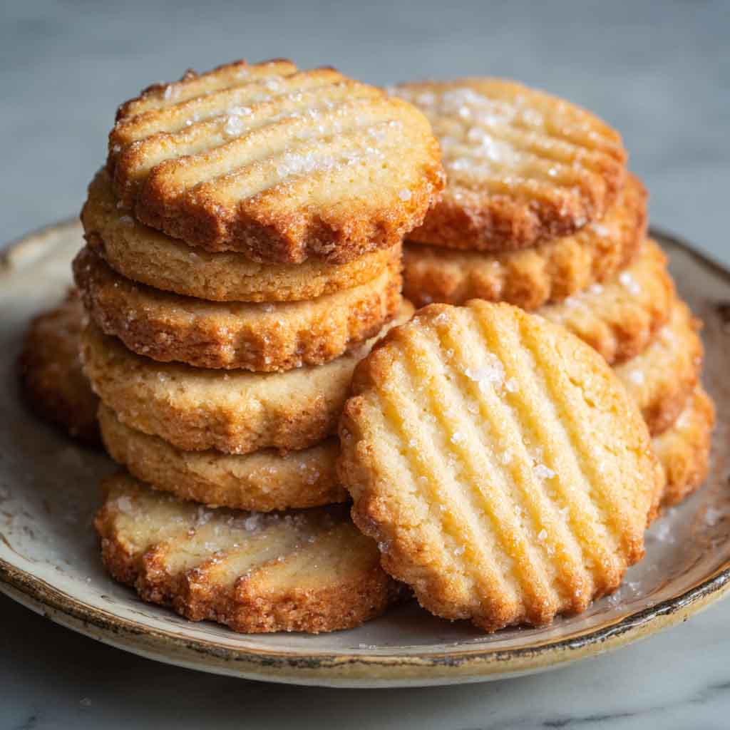 Golden French salted butter cookies stacked on a plate with a light dusting of sugar.