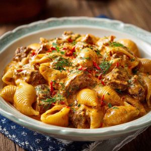 Creamy paprika steak shells in a skillet with tender steak pieces, pasta shells, and fresh herbs.
