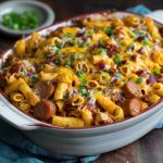 A bubbling casserole dish filled with chili cheese dog pasta bake, topped with melted cheddar, sliced hot dogs, and chopped green onions.