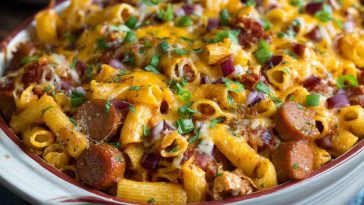 A bubbling casserole dish filled with chili cheese dog pasta bake, topped with melted cheddar, sliced hot dogs, and chopped green onions.