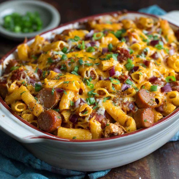 A bubbling casserole dish filled with chili cheese dog pasta bake, topped with melted cheddar, sliced hot dogs, and chopped green onions.