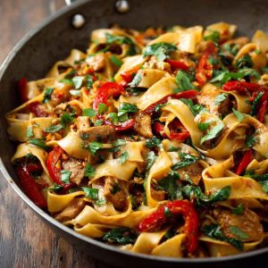 Colorful Thai drunken noodles stir-fried with wide rice noodles, fresh basil, vegetables, and savory sauce served in a wok.