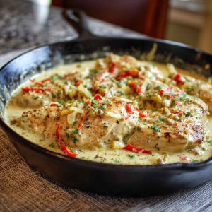 A skillet filled with creamy pepperoncini chicken, garnished with sliced pepperoncinis and fresh herbs, served with mashed potatoes.