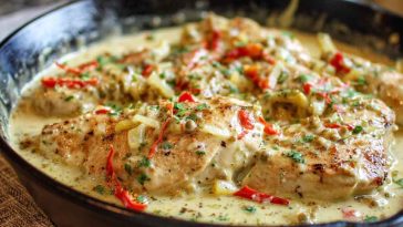A skillet filled with creamy pepperoncini chicken, garnished with sliced pepperoncinis and fresh herbs, served with mashed potatoes.