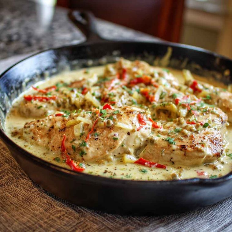 A skillet filled with creamy pepperoncini chicken, garnished with sliced pepperoncinis and fresh herbs, served with mashed potatoes.