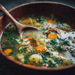 A steaming bowl of Italian Penicillin Soup with shredded chicken, pastina pasta, carrots, and fresh herbs in a golden broth.