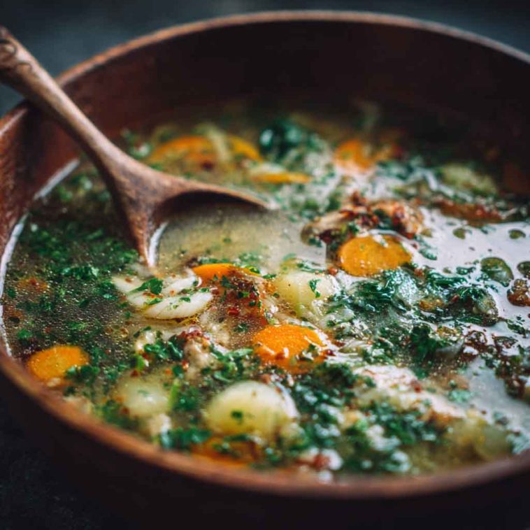 A steaming bowl of Italian Penicillin Soup with shredded chicken, pastina pasta, carrots, and fresh herbs in a golden broth.