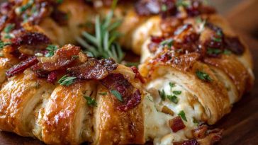 Golden crescent wreath filled with melted Brie, bacon, and herbs on a festive serving platter.