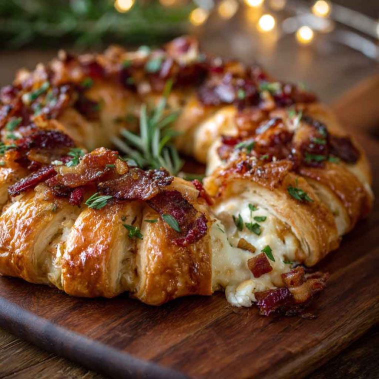 Golden crescent wreath filled with melted Brie, bacon, and herbs on a festive serving platter.