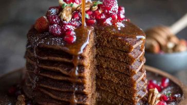Stack of gingerbread pancakes topped with whipped cream, syrup, and a sprinkle of cinnamon.