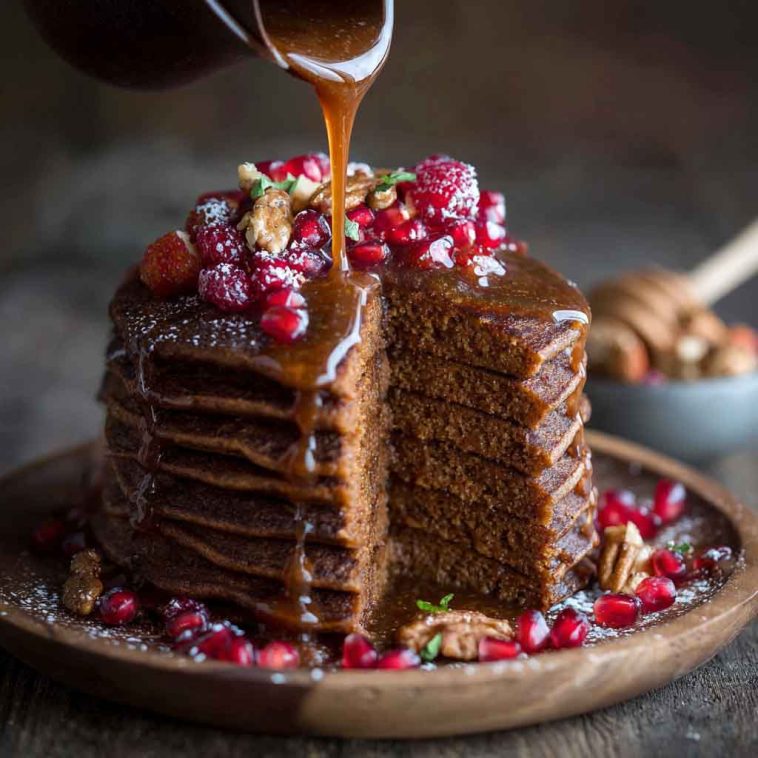 Stack of gingerbread pancakes topped with whipped cream, syrup, and a sprinkle of cinnamon.