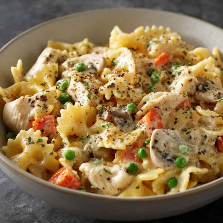 A creamy bowl of chicken pot pie pasta with shredded chicken, peas, carrots, and rotini noodles in a rich sauce.