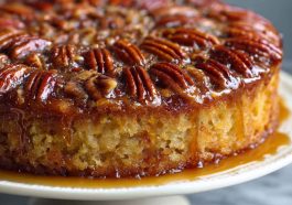 Golden pecan upside down cake with caramelized topping, sliced and served on a rustic dessert plate.