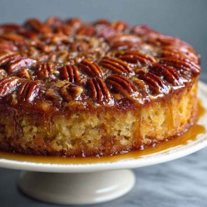 Golden pecan upside down cake with caramelized topping, sliced and served on a rustic dessert plate.
