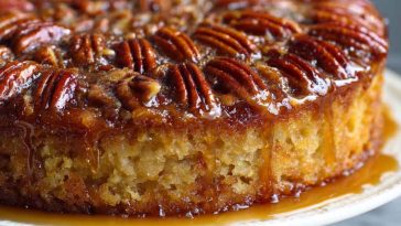 Golden pecan upside down cake with caramelized topping, sliced and served on a rustic dessert plate.