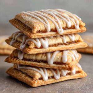 A batch of golden brown sugar Pop Tart cookies with cinnamon filling and vanilla frosting drizzle, topped with sprinkles.
