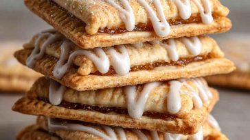 A batch of golden brown sugar Pop Tart cookies with cinnamon filling and vanilla frosting drizzle, topped with sprinkles.