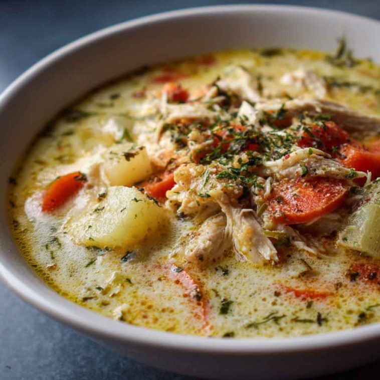 A creamy bowl of crack chicken soup with shredded chicken, crispy bacon, cheddar cheese, and green onions.