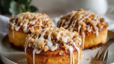 Golden apple cheesecake buns topped with buttery crumble and drizzled with sweet glaze, served on a rustic wooden board.
