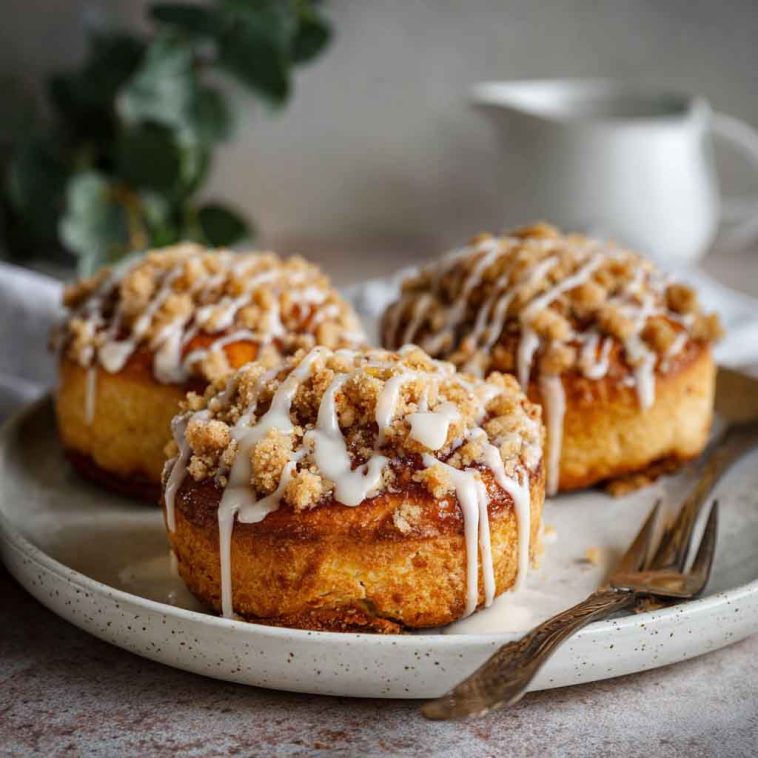 Golden apple cheesecake buns topped with buttery crumble and drizzled with sweet glaze, served on a rustic wooden board.