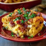 A golden baked cornbread casserole loaded with cheese, corn, jalapeños, and crispy bacon, served in a rustic dish.